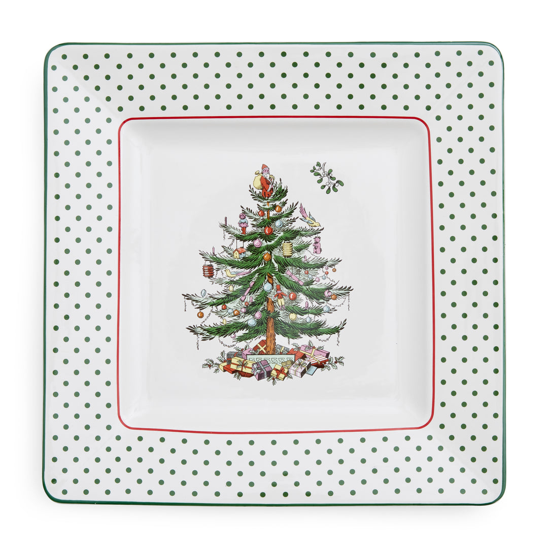 Christmas Tree Polka Dot Square Platter 10"