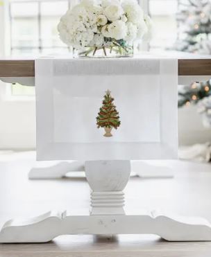 Tree with Trim Linen Table Runner- White