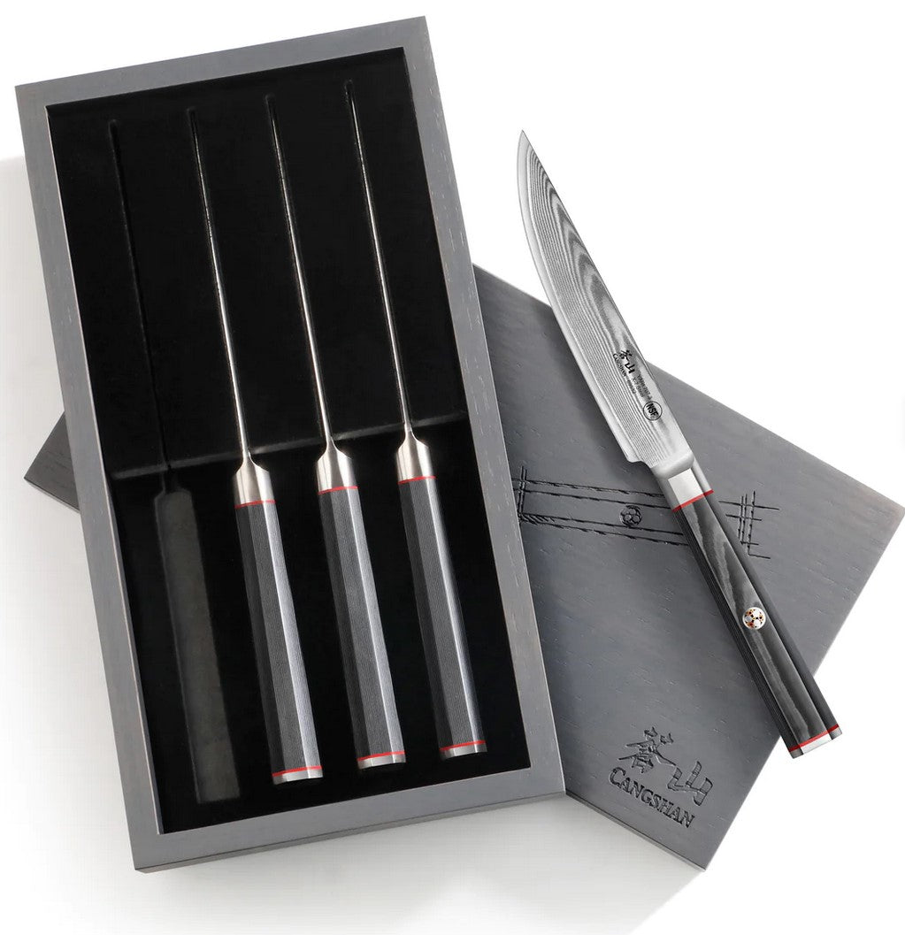 Cangshan Yari 4 pc Steak Knife Set with Ash Wood Box