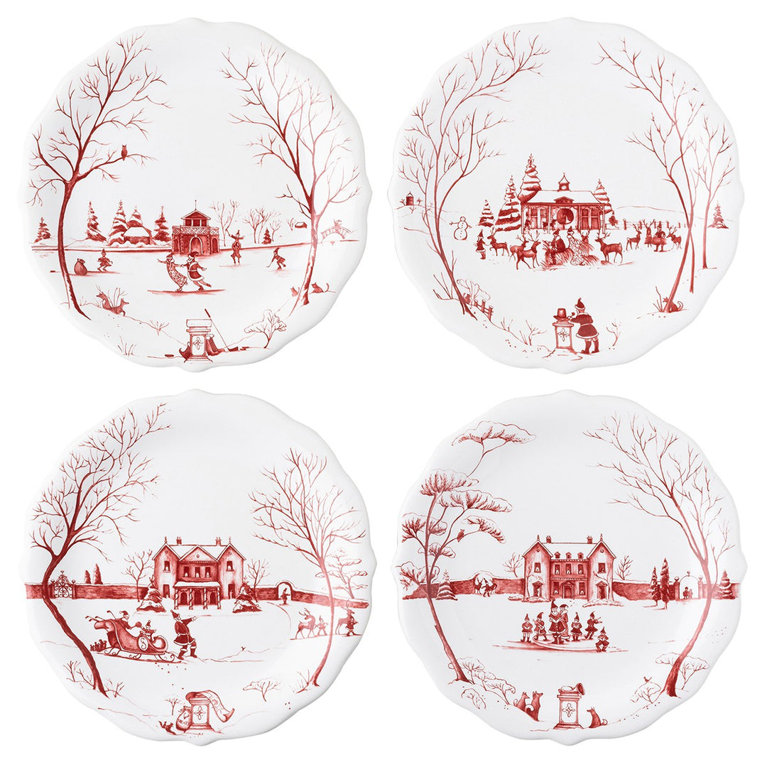 Country Estate Winter Frolic Mr & Mrs Claus Party Plates Set of 4 Ruby