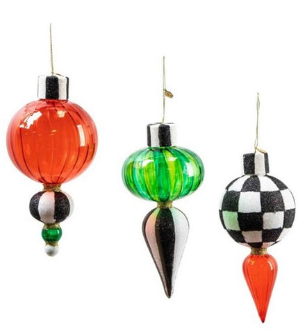 Red & Green Glass Drop Ornaments- Set of 3