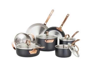 3-Ply 11 Piece Black and Copper Cookware Set with Glass Lids