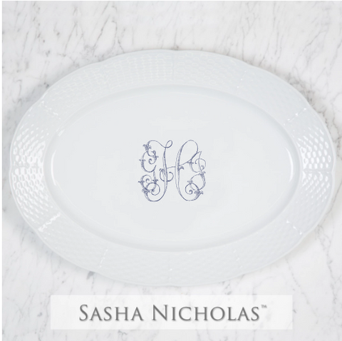 Weave White Oval Platter With Stag And One Letter Monogram 14