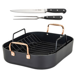 Hard Anodized Roaster w/ Rack and Copper Handles PLUS Carving Set