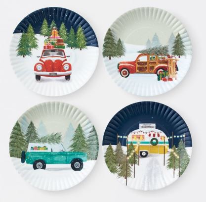 9" Vintage Christmas Vehicles "Paper" Plate, Set of 4