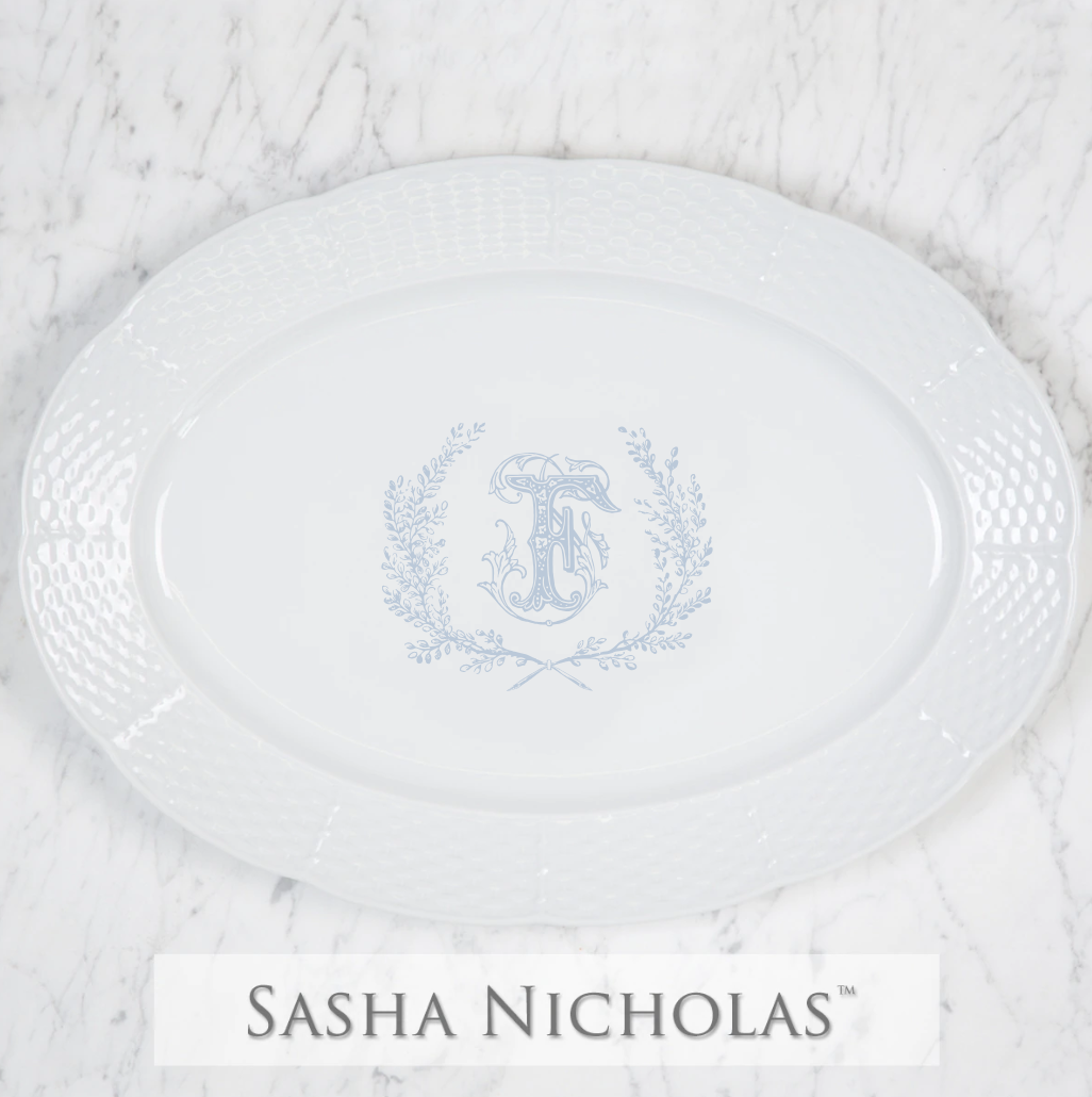 Weave White Oval Platter With Crest And One Letter Monogram 14"
