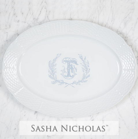 Weave White Oval Platter With Crest And One Letter Monogram 14