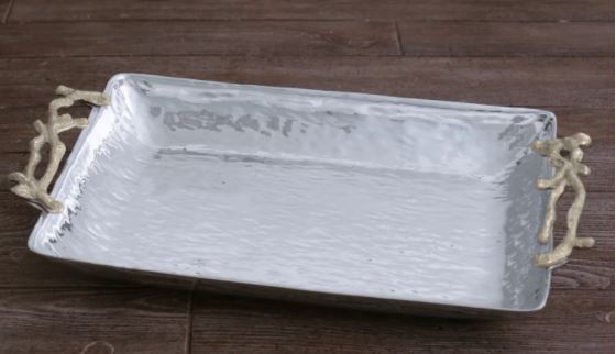 Ocean Coral Rectangular Platter with Gold Handles