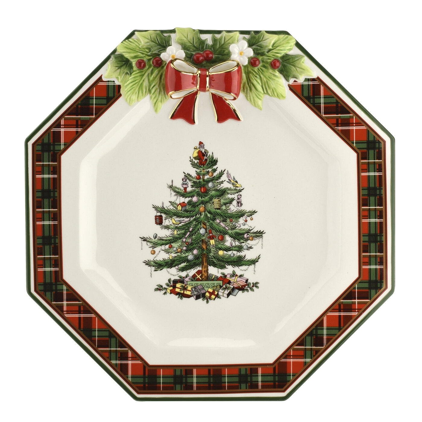 Christmas Tree Figural Tartan Octagonal Plate 11"