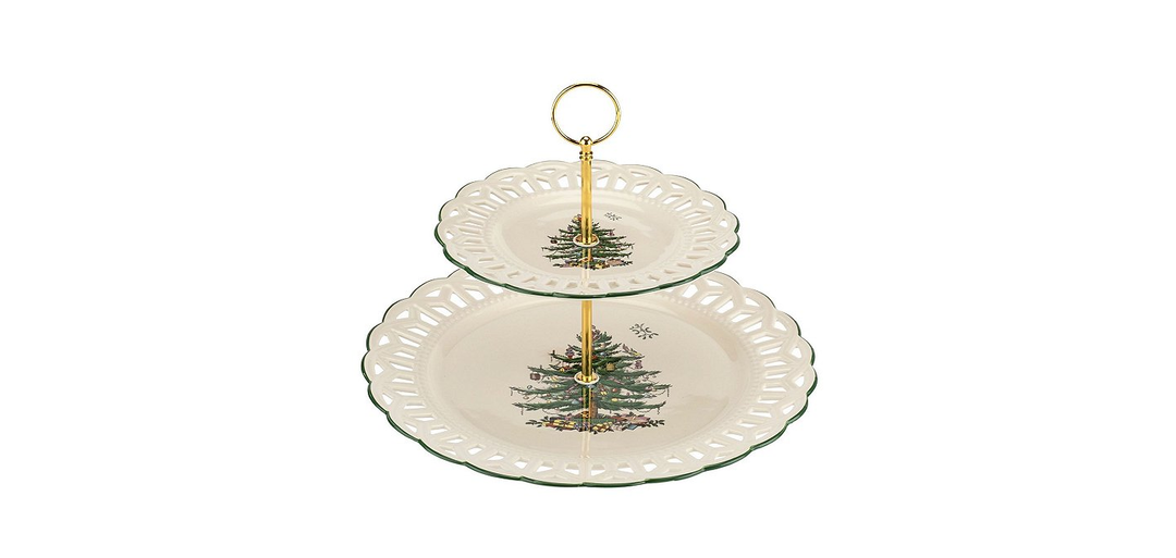 Christmas Tree 2 Tiered Pierced Cake Stand