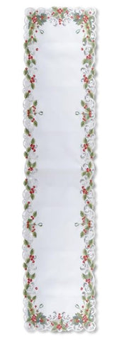 White Cutout Holly w/Berries Table Runner- 70in