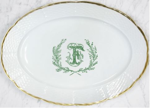 Weave Gold Oval Platter With Crest And One Letter Monogram 14"