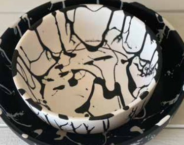 Round Bowl Medium White  w/ Black Splatter