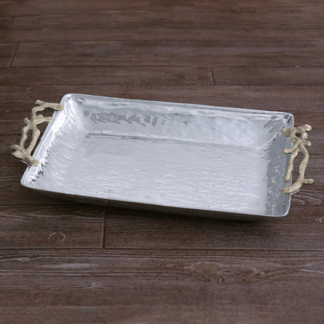 Ocean Coral Rectangular Platter with Gold Handles