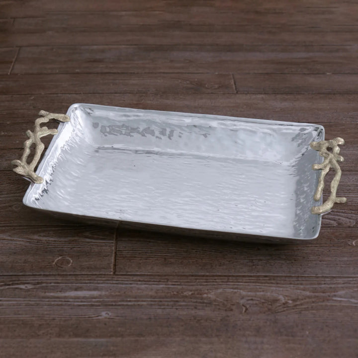 Ocean Coral Rectangular Platter with Gold Handles