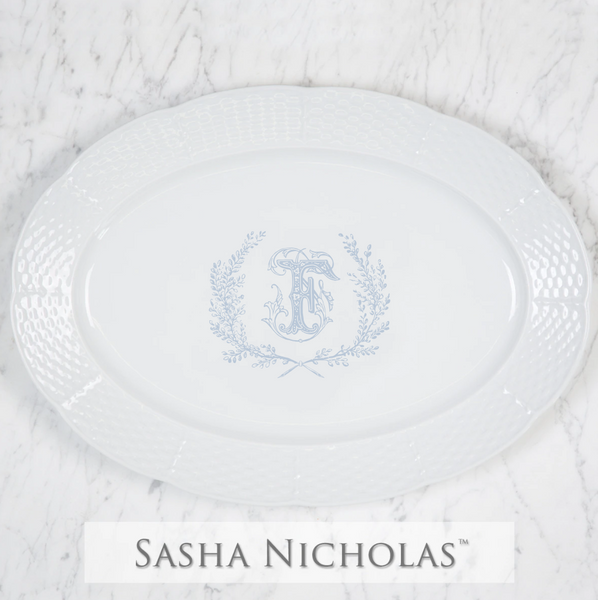 Weave White Oval Platter With Crest And One Letter Monogram 14"